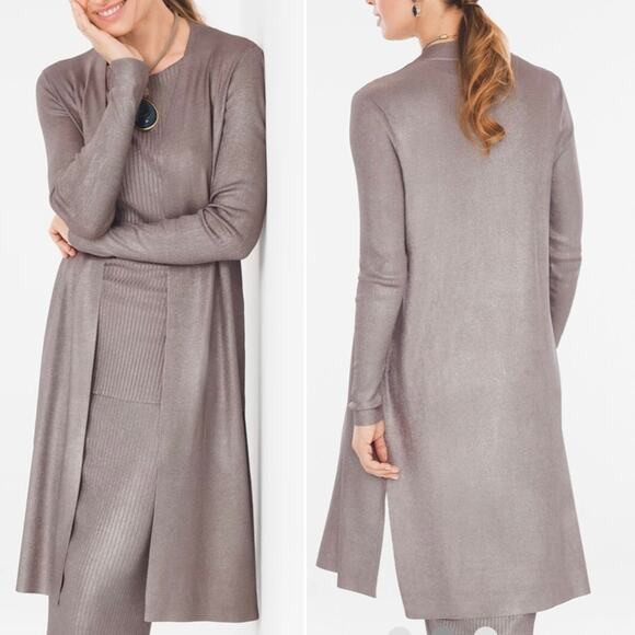 Chicos Black Label Gray Taupe Shimmer Long Open Cardigan Size Extra Small XS - Picture 2 of 11